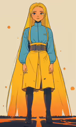 a drawing of a person with long blonde hair wearing a blue shirt and yellow skirt