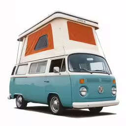 a vw camper has a tall orange roof