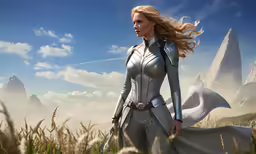 a young woman dressed in silver and holding a sword