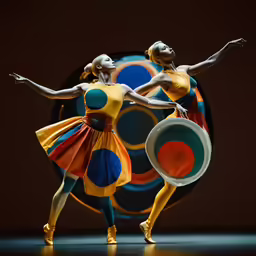 two beautiful woman dancing on stage with large circles