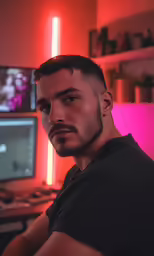 a man with short hair standing in front of a computer