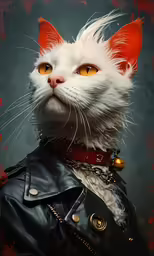 a white cat is wearing a red collar and jacket