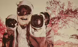 the man has his hands in one large pair of cameras