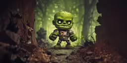 a small cartoon zombie is standing by some trees