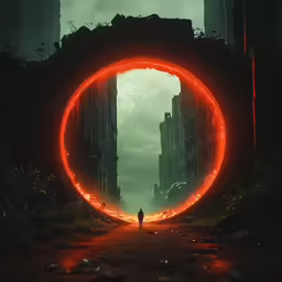 man standing in the center of a tunnel at night with neon circular lights shining around it