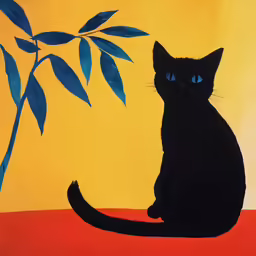 a painting of a black cat with blue eyes