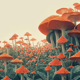 a field of small orange mushrooms all standing in a single file