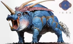 a large, blue dinosaur with huge horns and very long long curved legs