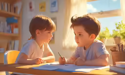 two young boys sitting at a table with a paper