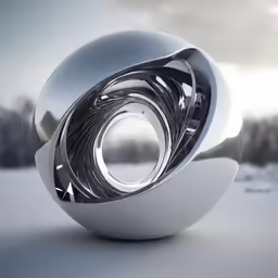 a circular sculpture in the snow next to some trees