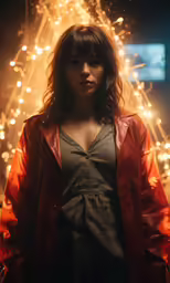 woman in red jacket looking into camera over firework