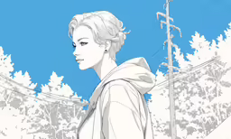 a woman with blonde hair stands near telephone poles and a telephone pole