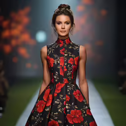 a beautiful woman wearing a black floral dress
