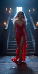 the woman is walking up the stairs in the dark