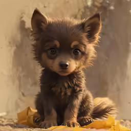 small brown and black dog sitting on the ground next to a wall