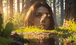 a woman looking at the camera near water