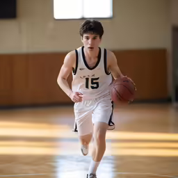 a young man holding a basketball while walking across a gym