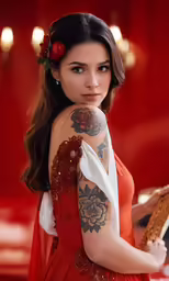 an attractive woman in red wearing a tattoo