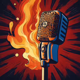 a microphone with orange flames on a red background,an old microphone sitting on top of a table