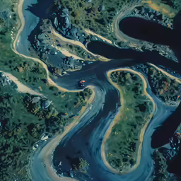 aerial view of a long river channel, winding one way from left
