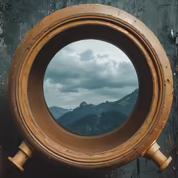 a picture from behind a round window looking at mountains