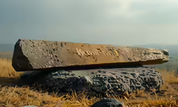 a large stone with writing that is on it in a field