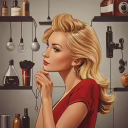 a painting of a blond woman in a red dress
