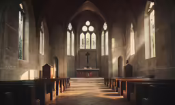 church pews with sunlight shining through the windows