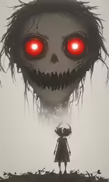 a creepy looking girl with red eyes looks at the ground