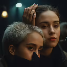 two women are holding their hair in front of their face