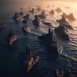 a bunch of boats sitting on the water in formation