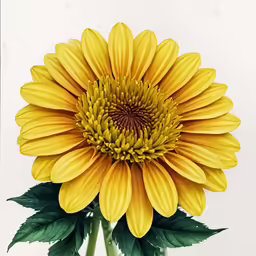 a large yellow flower with green leaves on a white background
