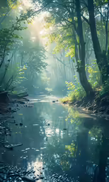 a beautiful forest river with trees reflected in the water