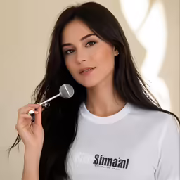 the girl is putting on her makeup brush