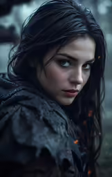 a woman in a jacket with dark hair wearing a dark outfit