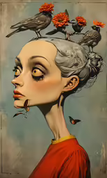 a woman with birds on her head and birds on her head