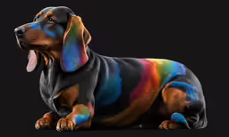a dog in a colorful, striped dress poses for the camera
