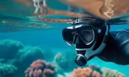 a man in scuba gear and headphones swims underwater