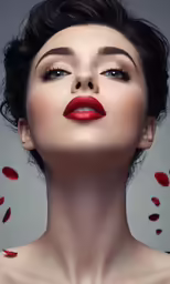 the woman is wearing red lipstick and has black hair