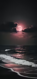a full moon rises over the ocean as waves wash on shore