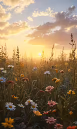 a beautiful sunset with daisies and wildflowers