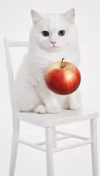 a cat is sitting on the chair with an apple