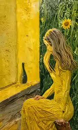 a painting of a woman sitting near flowers