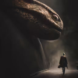a woman standing in front of a giant alligator