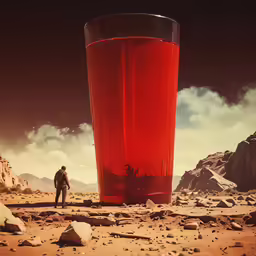 man standing beside tall glass with liquid in desert area