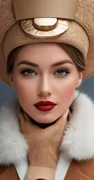 the girl with brown hair wears a beige hat and scarf