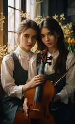 a couple of girls that are holding some violin