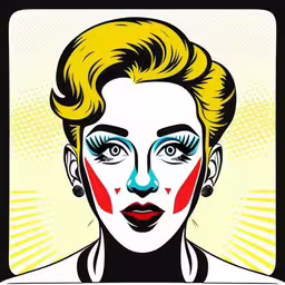 a woman with makeup painted to look like an evil clown,a woman with yellow hair and blue eyes