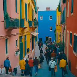 people walk down the narrow street between colorful buildings