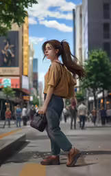 a woman with a purse walking on the side walk